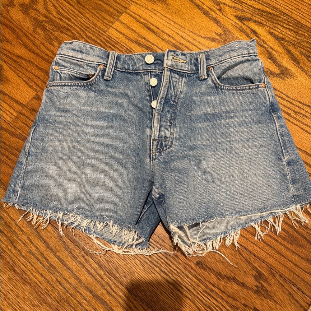 MOTHER Light Blue Button-Fly Frayed Denim Shorts
